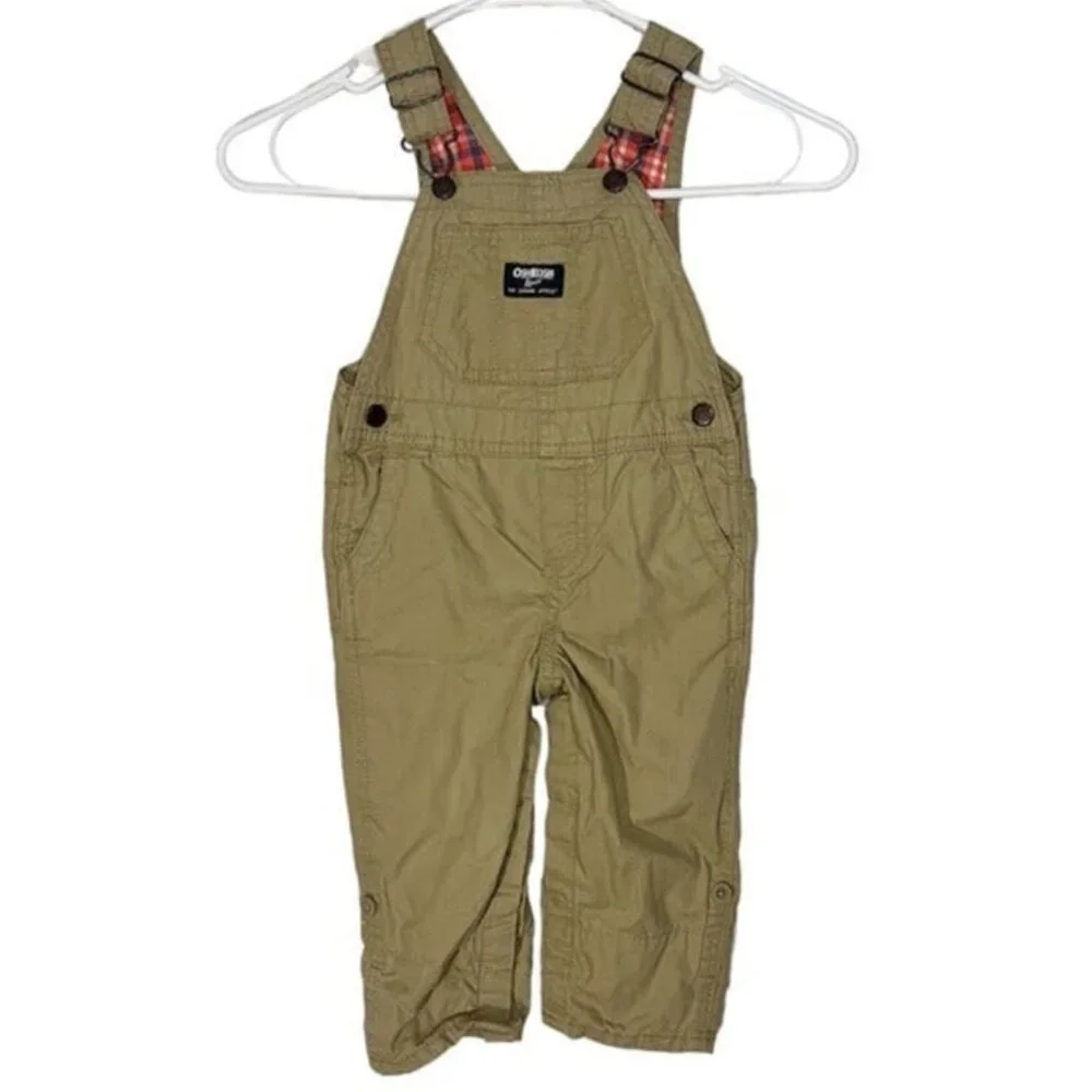 Oshkosh B'gosh Tan with Pink Plaid‎ Girls Toddlers Overalls Size 18M
